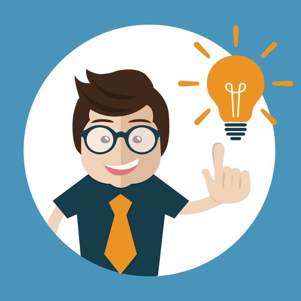 Businessman with an idea concept. Man standing next to light bulb as symbol of great business idea. Flat illustration vector