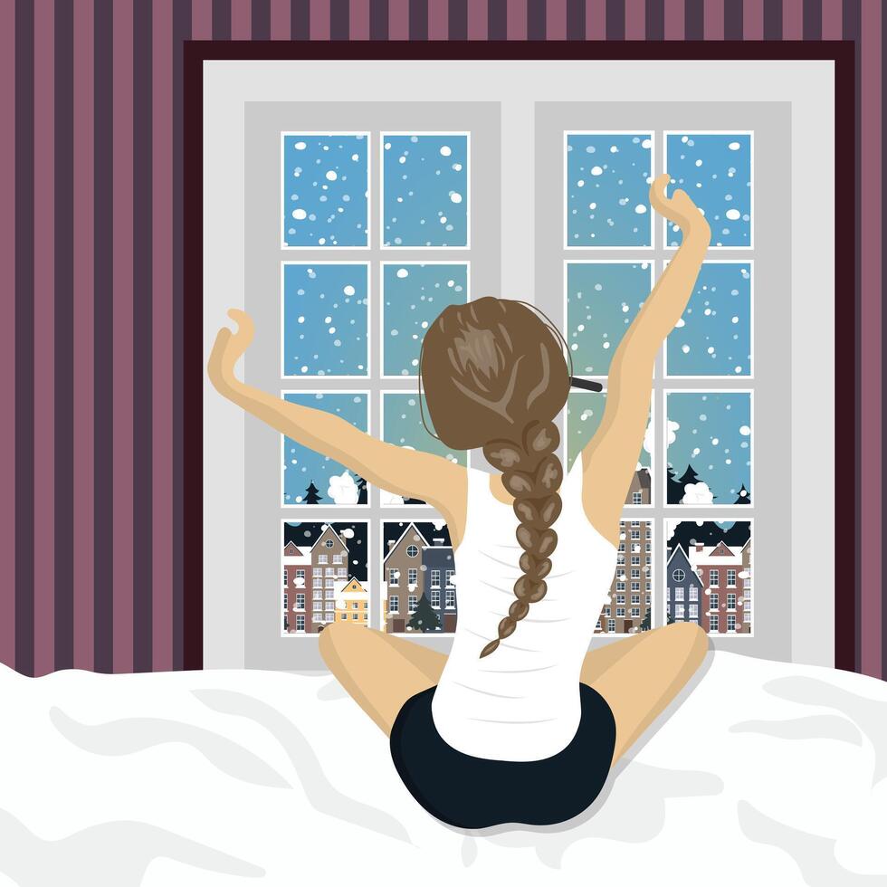 Woman stretching in bed after wake up. Concept for holidays and vacations. Winter scenery. Flat illustration vector