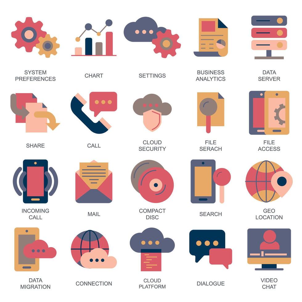 Business and marketing, programming, data management, internet connection, social network, computing, information. Flat illustration vector