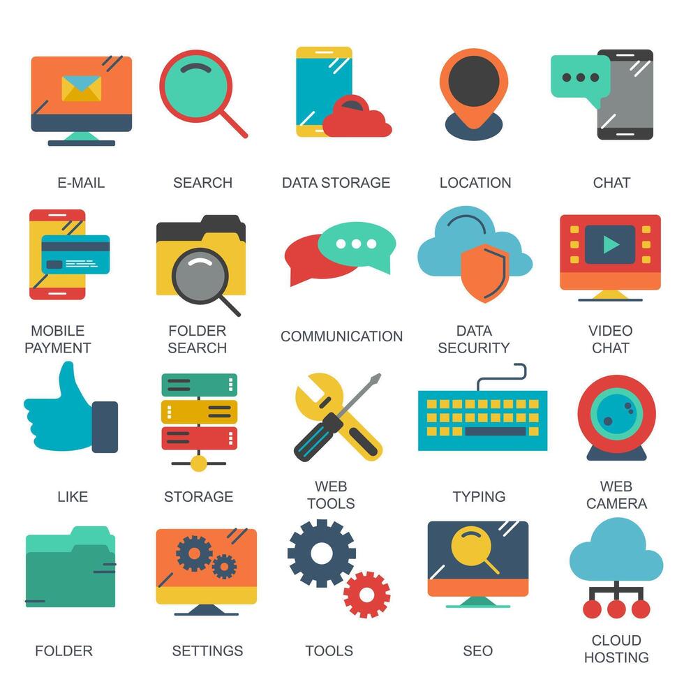 Business and marketing, programming, data management, internet connection, social network, computing, information. Flat illustration vector