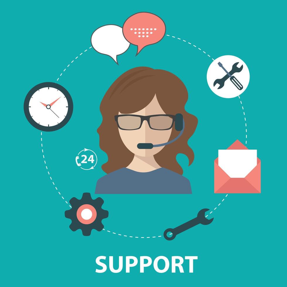 Support service concept. Flat design illustration with icons. Technical support assistant. vector