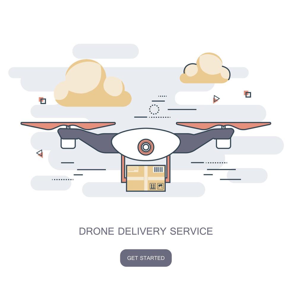 Delivery drone with the package. Concept for delivery service. Flat design outline illustration. vector