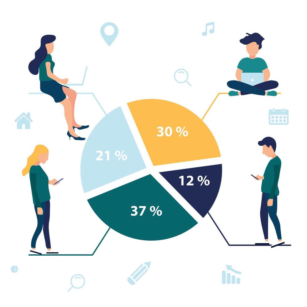 Market segmentation illustration of people sitting on round percentage diagram. Flat people working with laptop, chatting messages and calling. White background of user experience. vector