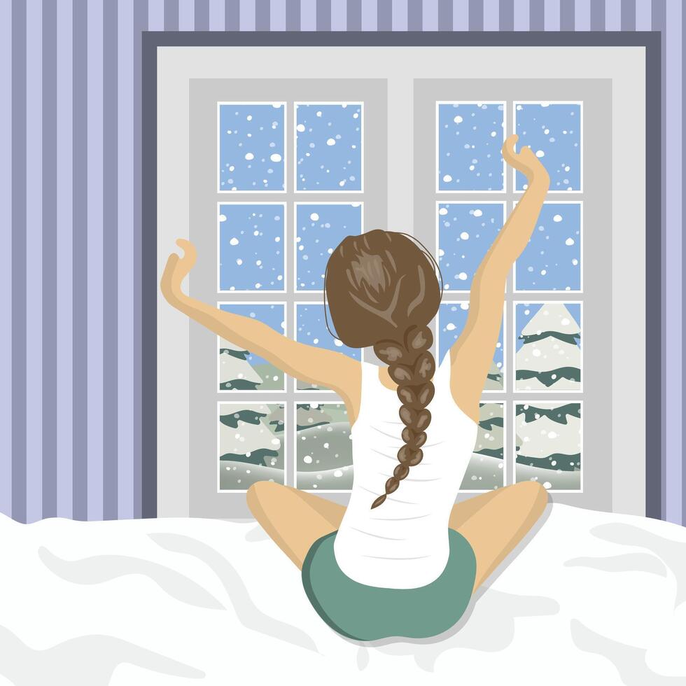 mujer extensión en cama después despertar arriba. concepto para Días festivos y vacaciones invierno montaña escenario. plano ilustración vector