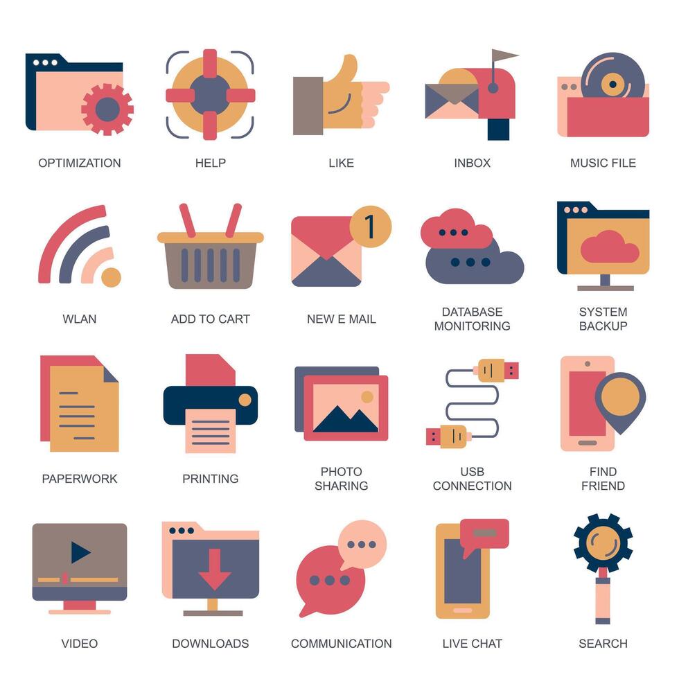 Business and marketing, programming, data management, internet connection, social network, computing, information. Flat illustration vector