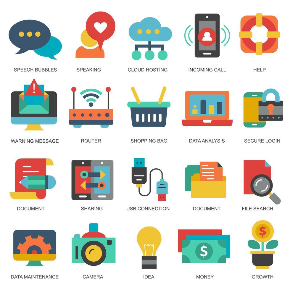 Business and marketing, programming, data management, internet connection, social network, computing, information. Flat illustration vector