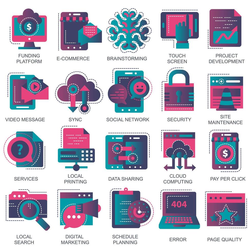 Set icons with elements for mobile concepts and web apps. Business and marketing, programming, data management, internet connection, social network, computing, information. vector