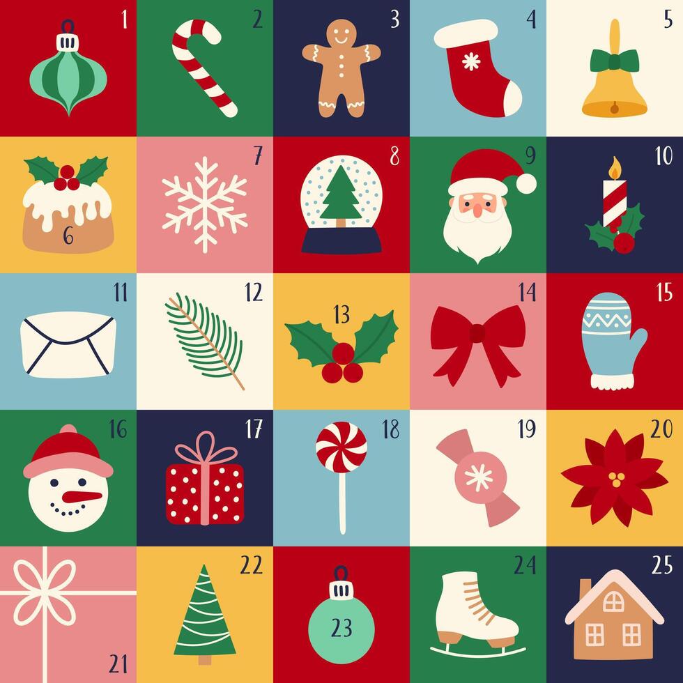 Christmas retro advent calendar with cute holiday elements. Modern xmas icon set vector