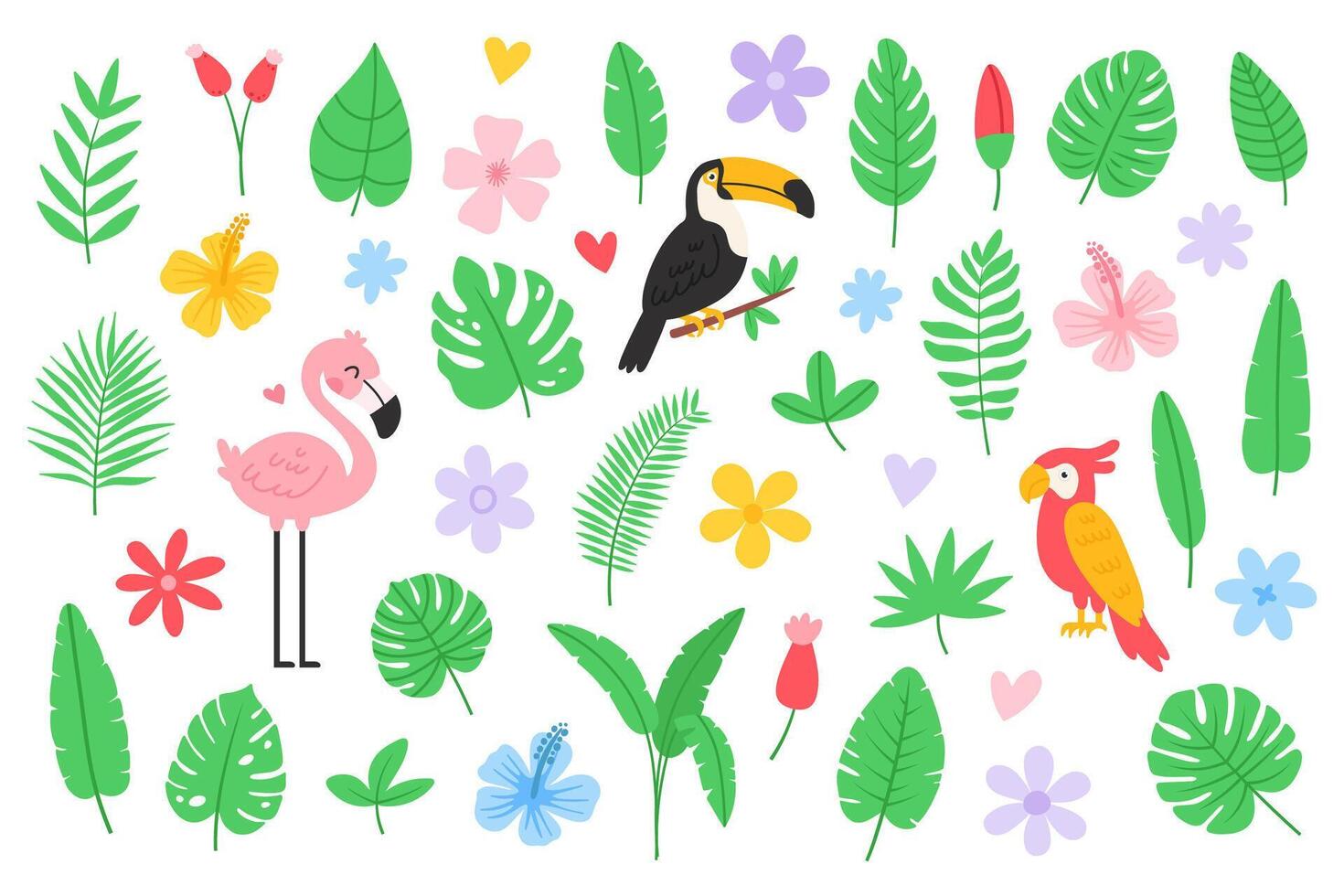 linda tropical verano exótico elementos. palma y plátano hojas, flores, pájaro de paraíso, hibisco, tucán, flamenco, loro. selva icono colocar. plano ilustración vector