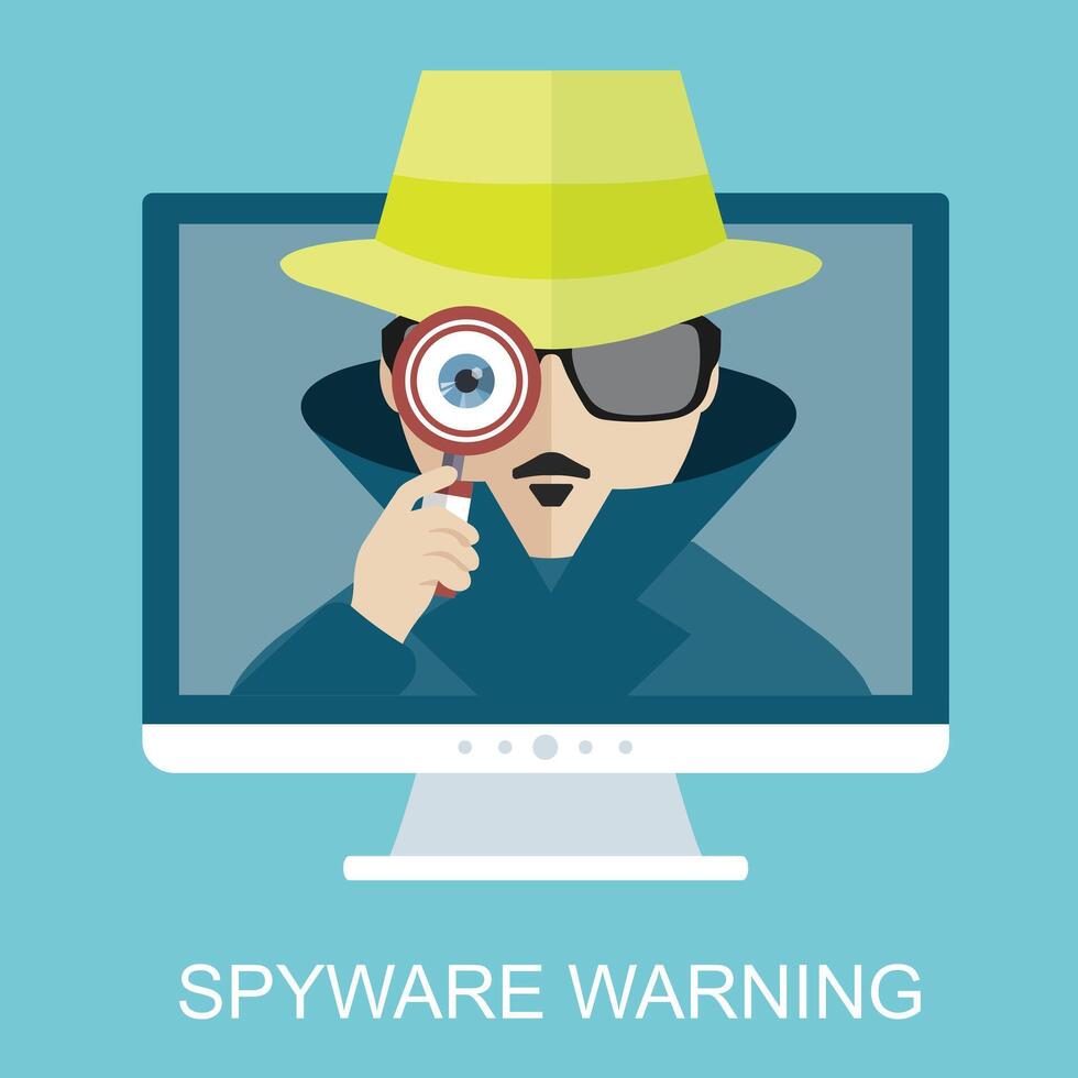 Internet security and spyware warning with detective. Hacking phishing attack. Computer attack and virus infection. flat icons and illustrations vector