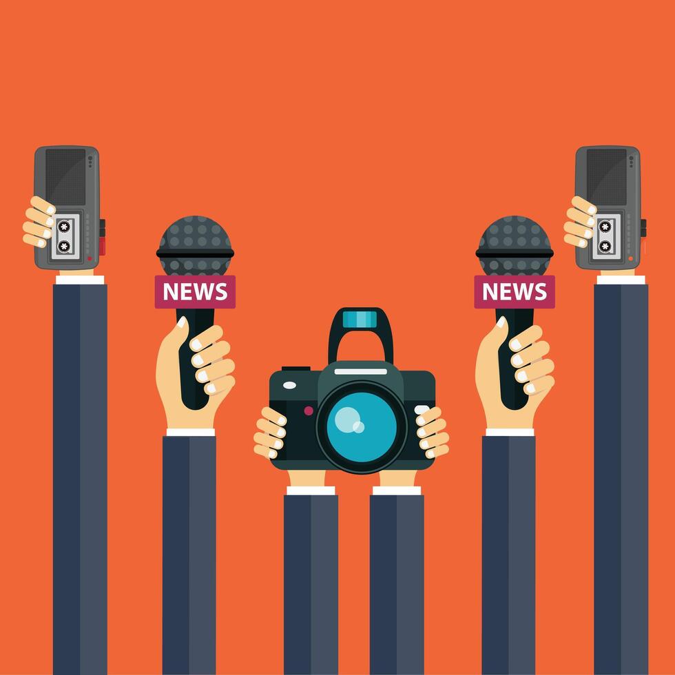 Microphones in reporter hands. Set of microphones and recorders isolated on blue background. Mass media, television, interview, breaking news, press conference concept. Flat illustration. vector