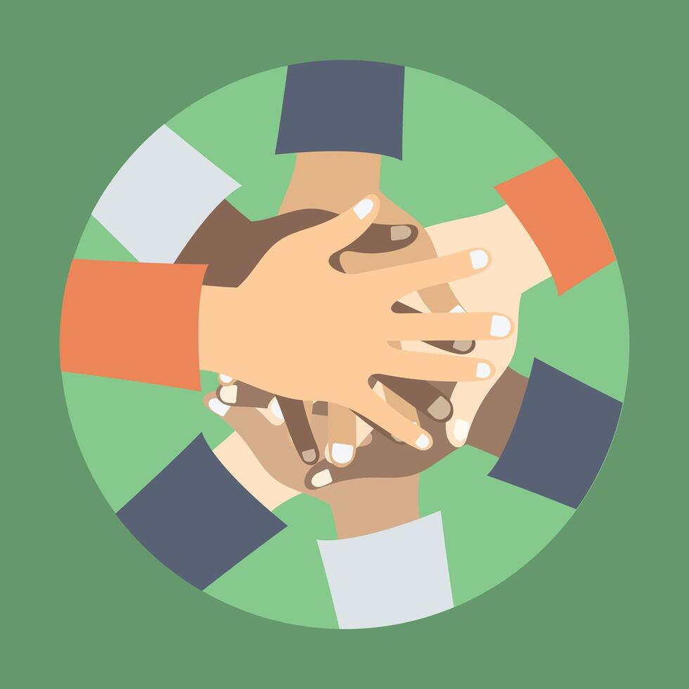 Teamwork concept. Friends with stack of hands showing unity and teamwork, top view. Young people putting their hands together. Flat illustration vector
