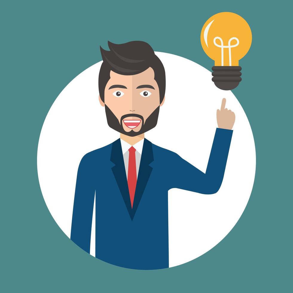Businessman with an idea concept. Man standing next to light bulb as symbol of great business idea. Flat illustration stock illustration vector