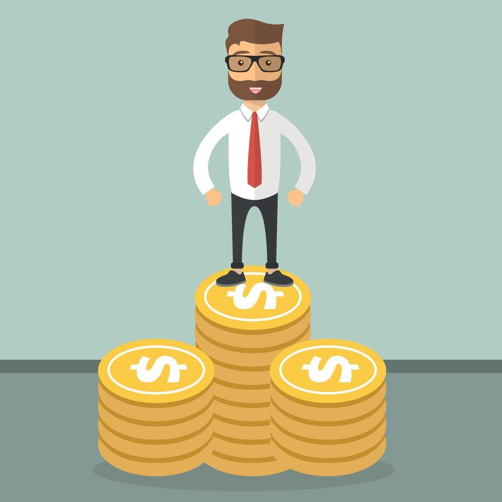 Successful businessman icon. Businessman standing on top of huge coins. Flat illustration. vector