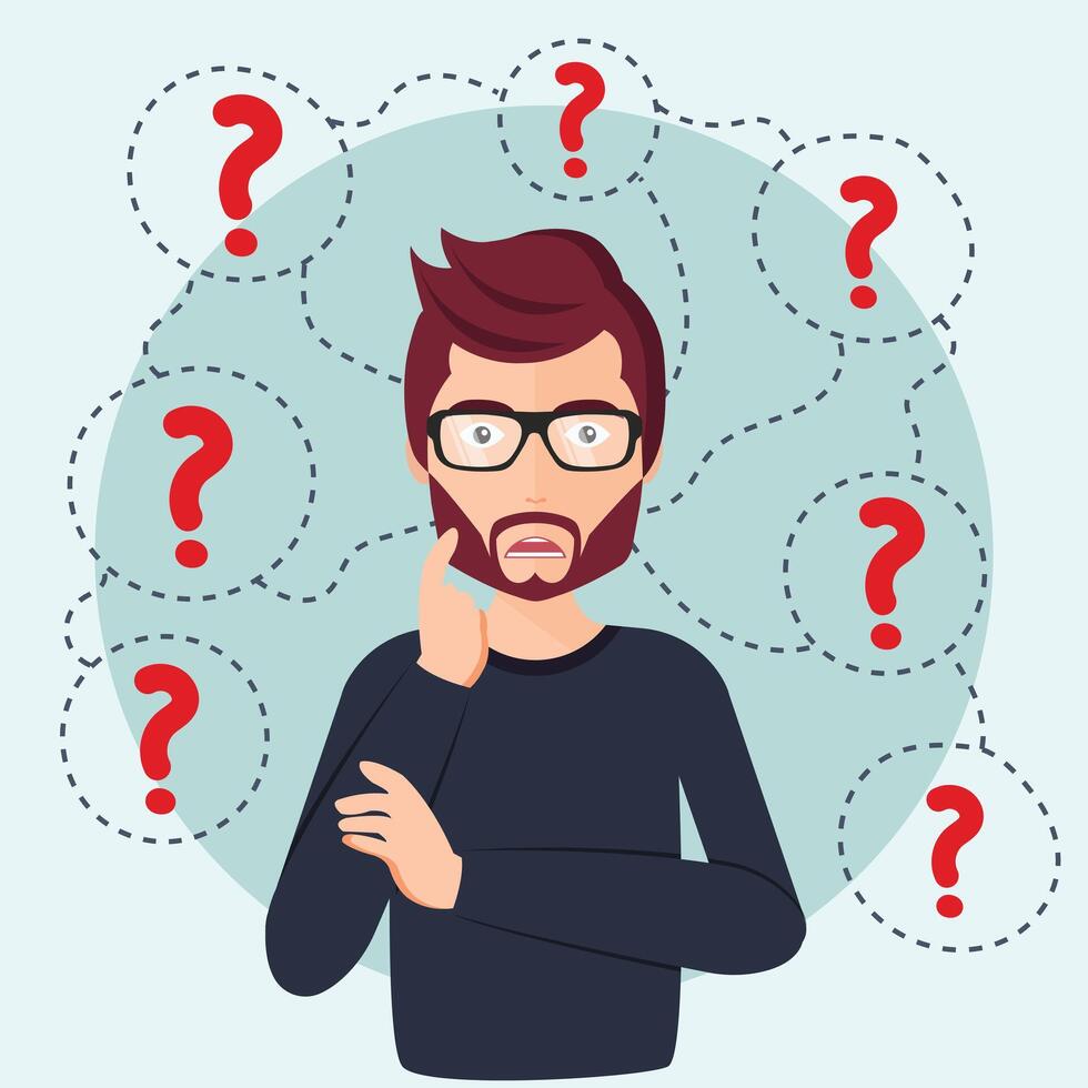 Young man thinking standing under question marks. Man surrounded by question marks concept. Flat illustration. Man character vector