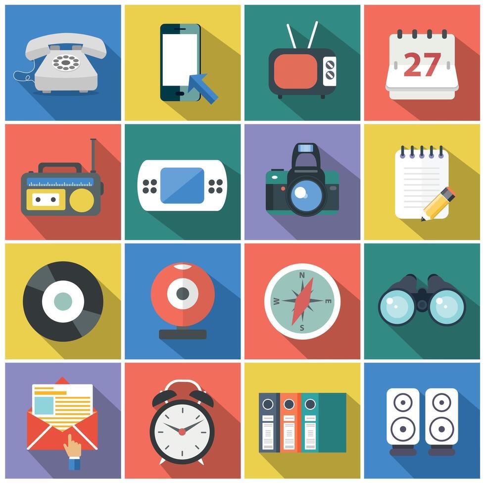 Modern flat icons collection with long shadow effect in stylish colors of web design objects, business, office and marketing items vector