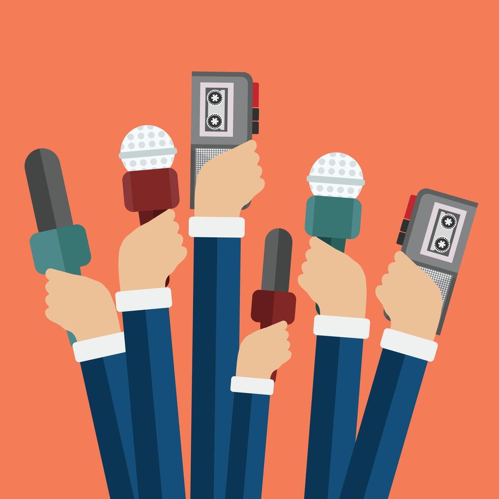 Microphones in reporter hands. Set of microphones and recorders isolated on blue background. Mass media, television, interview, breaking news, press conference concept. Flat illustration. vector
