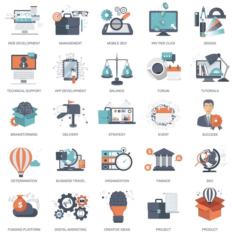 Set of flat design icons for business, pay per click, creative process, searching, web analysis, time is money, on line shopping. Icons for website development and mobile phone services and apps. vector