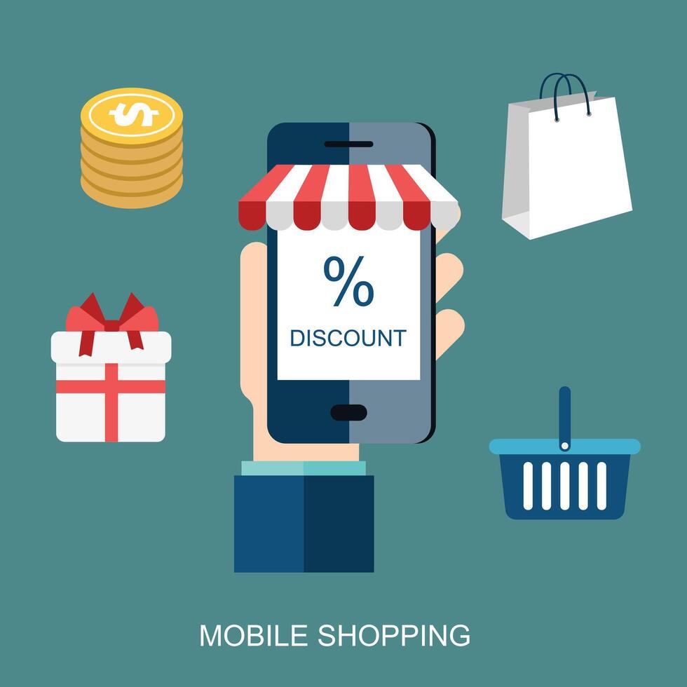 Mobile marketing and mobile shopping concept. Flat illustration vector