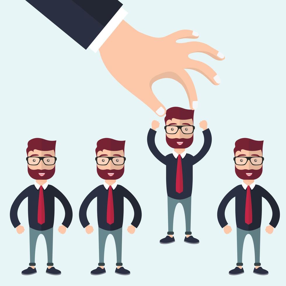 Choosing the best candidate for the job concept. Hand picking up a businessman from the row. Flat design vector