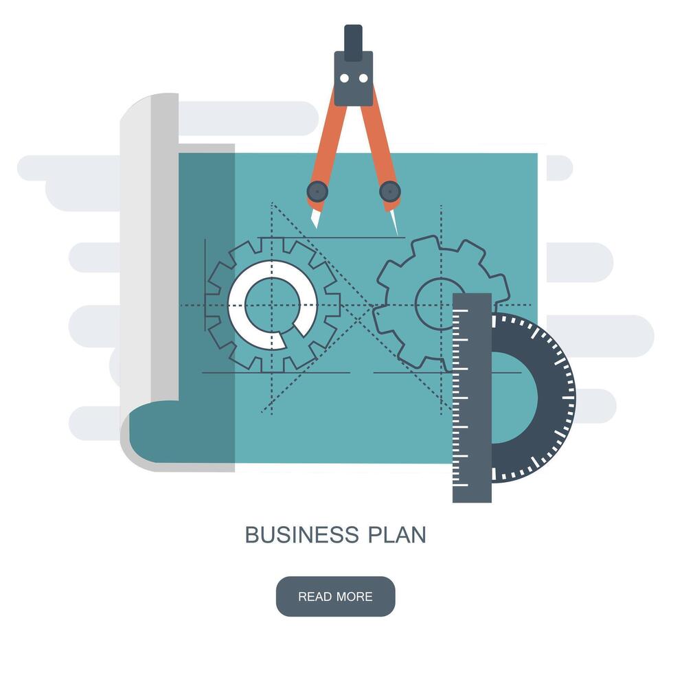 Business plan. Blueprint paper with drawing and equipment. Flat illustration vector