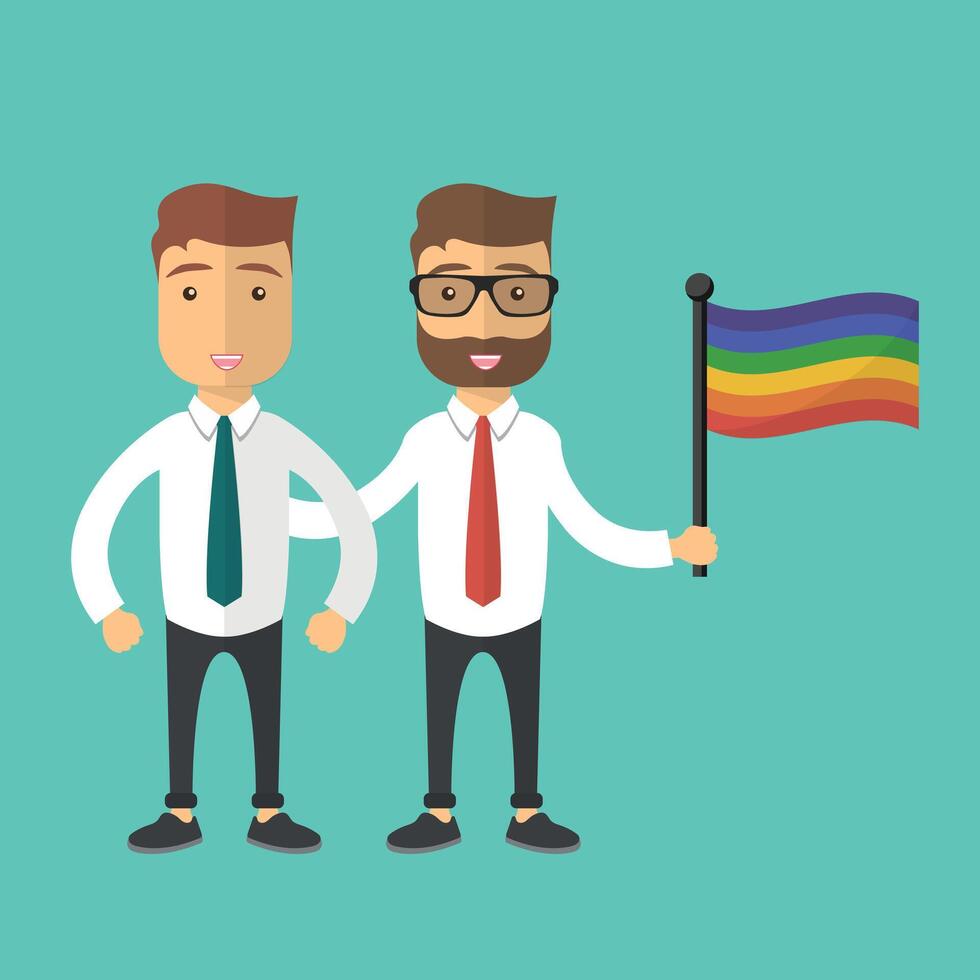 illustration for pride month event celebration. Two gay man standing together with rainbow flag. vector