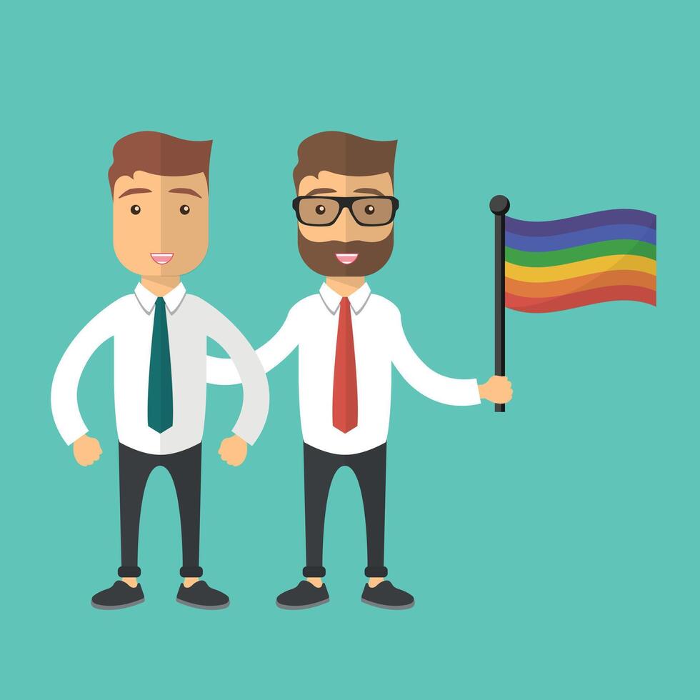 ilustración para orgullo mes evento celebracion. dos gay hombre en pie juntos con arco iris bandera. vector