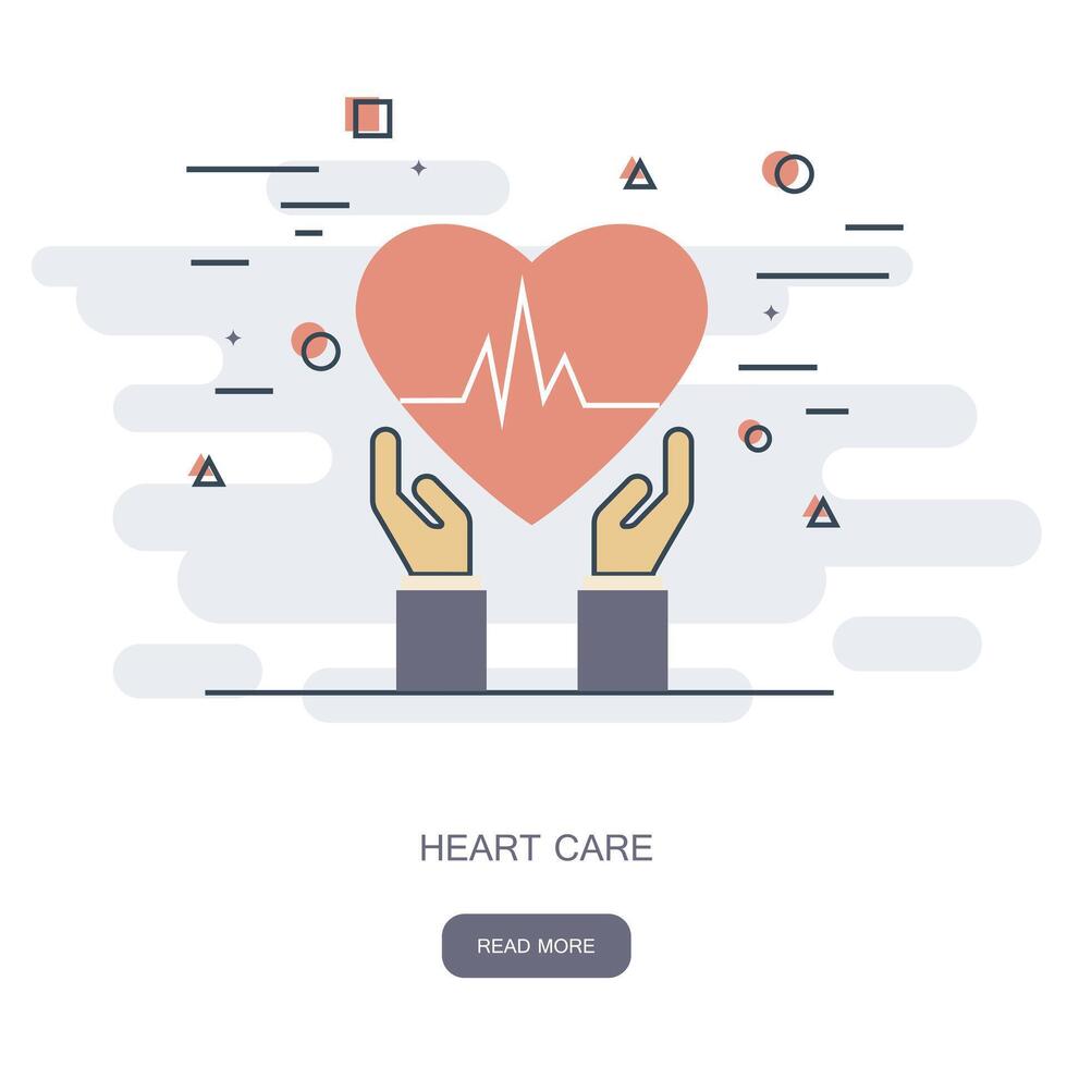 Heart care concept. Cardio vascular. Hands holding a red heart. Flat Medical Icon. illustration. vector