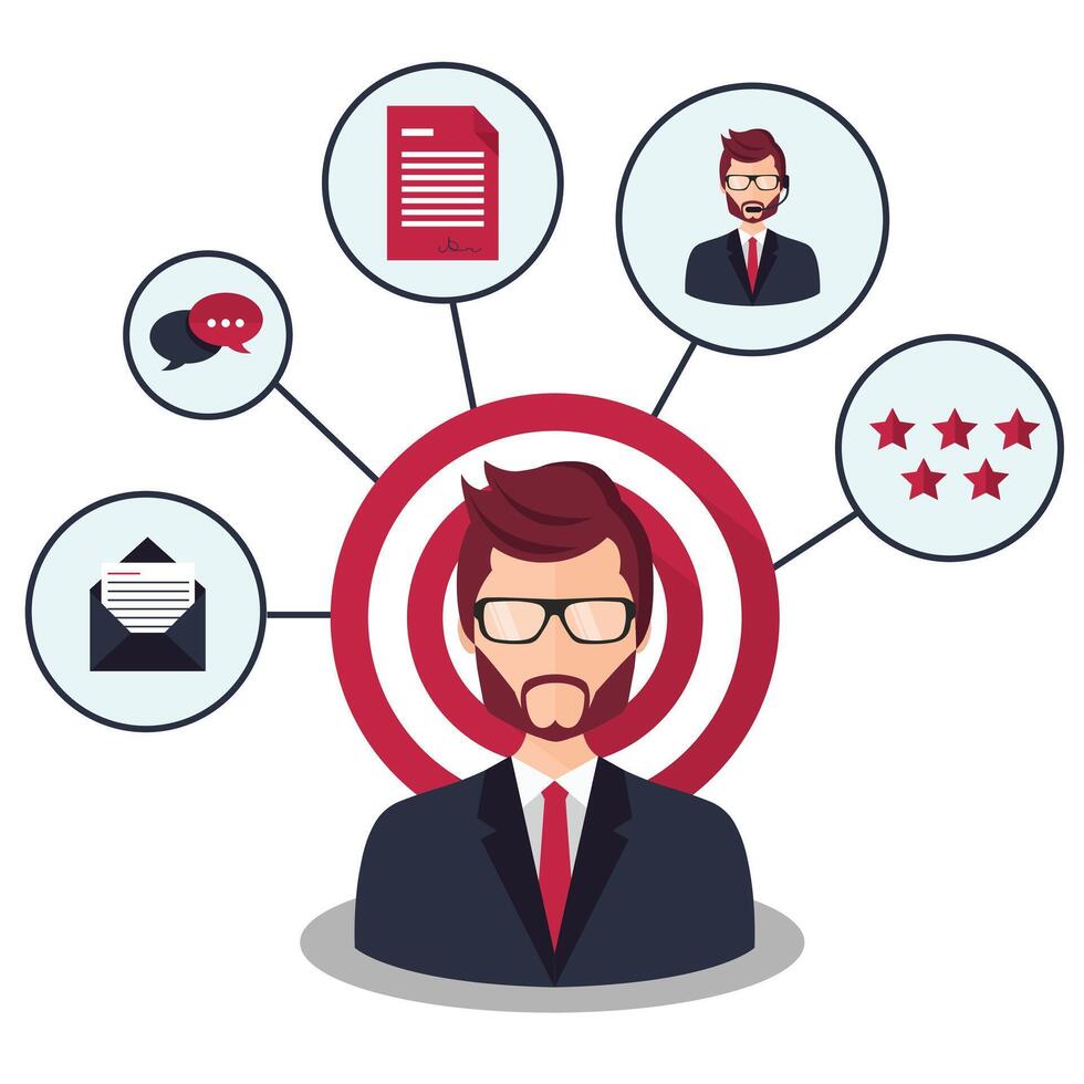 Male presenting customer relationship management. System for managing interactions with current and future customers. Flat illustration. vector