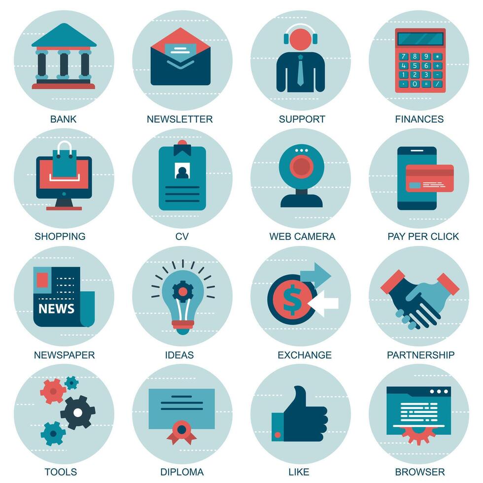 Set icons with elements for mobile concepts and web apps. Business and marketing, programming, data management, internet connection, social network, computing, information. vector