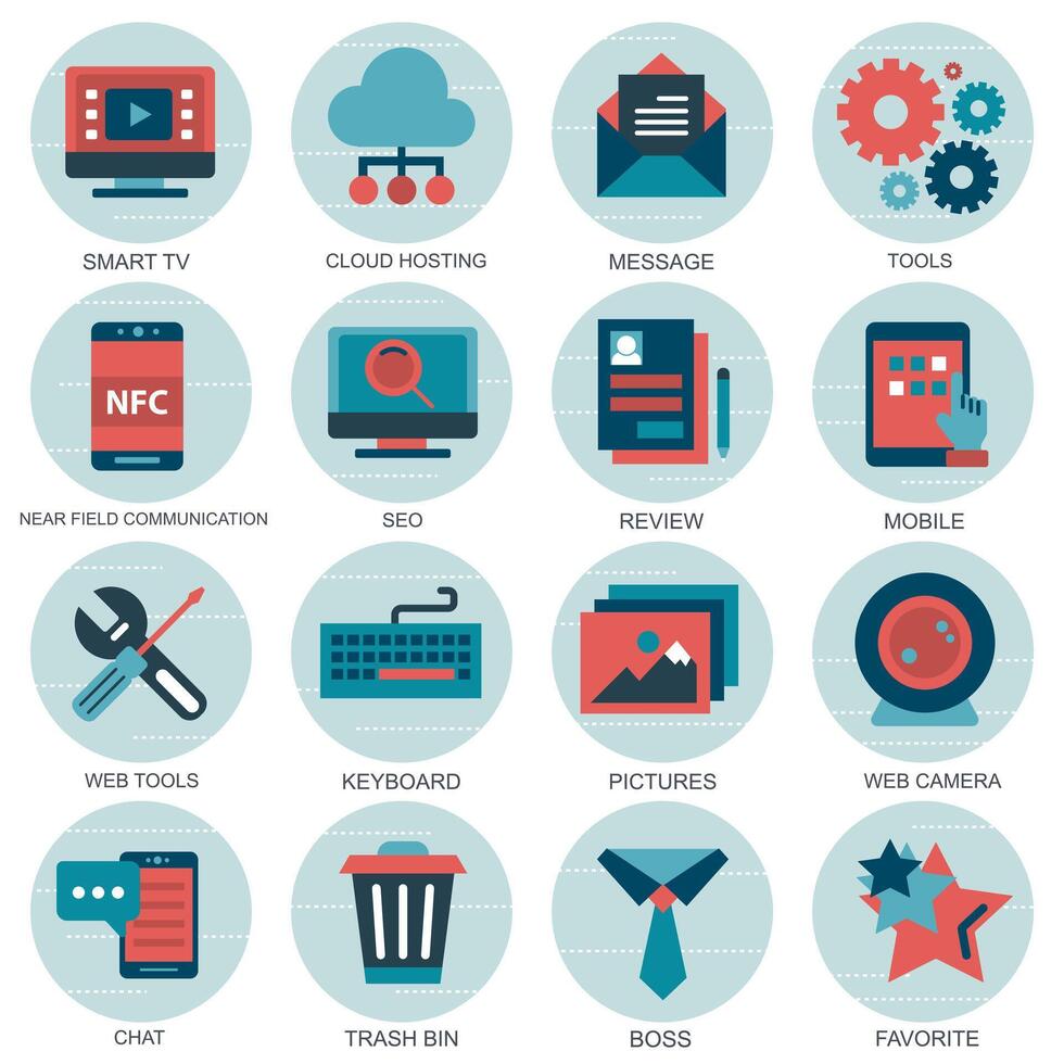 Set icons with elements for mobile concepts and web apps. Business and marketing, programming, data management, internet connection, social network, computing, information vector