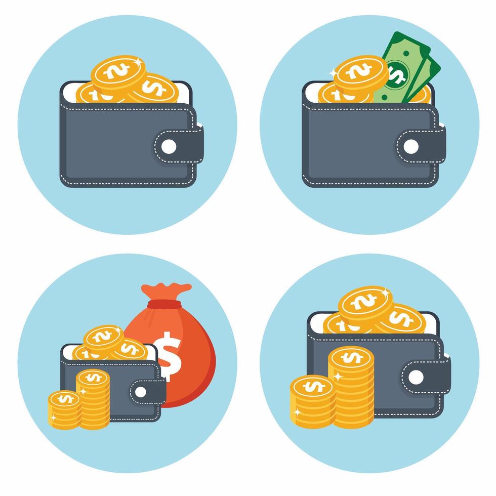 billetera y dinero iconos concepto para finanzas. plano ilustración vector