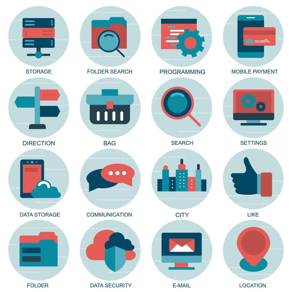 Set icons with elements for mobile concepts and web apps. Business and marketing, programming, data management, internet connection, social network, computing, information. vector