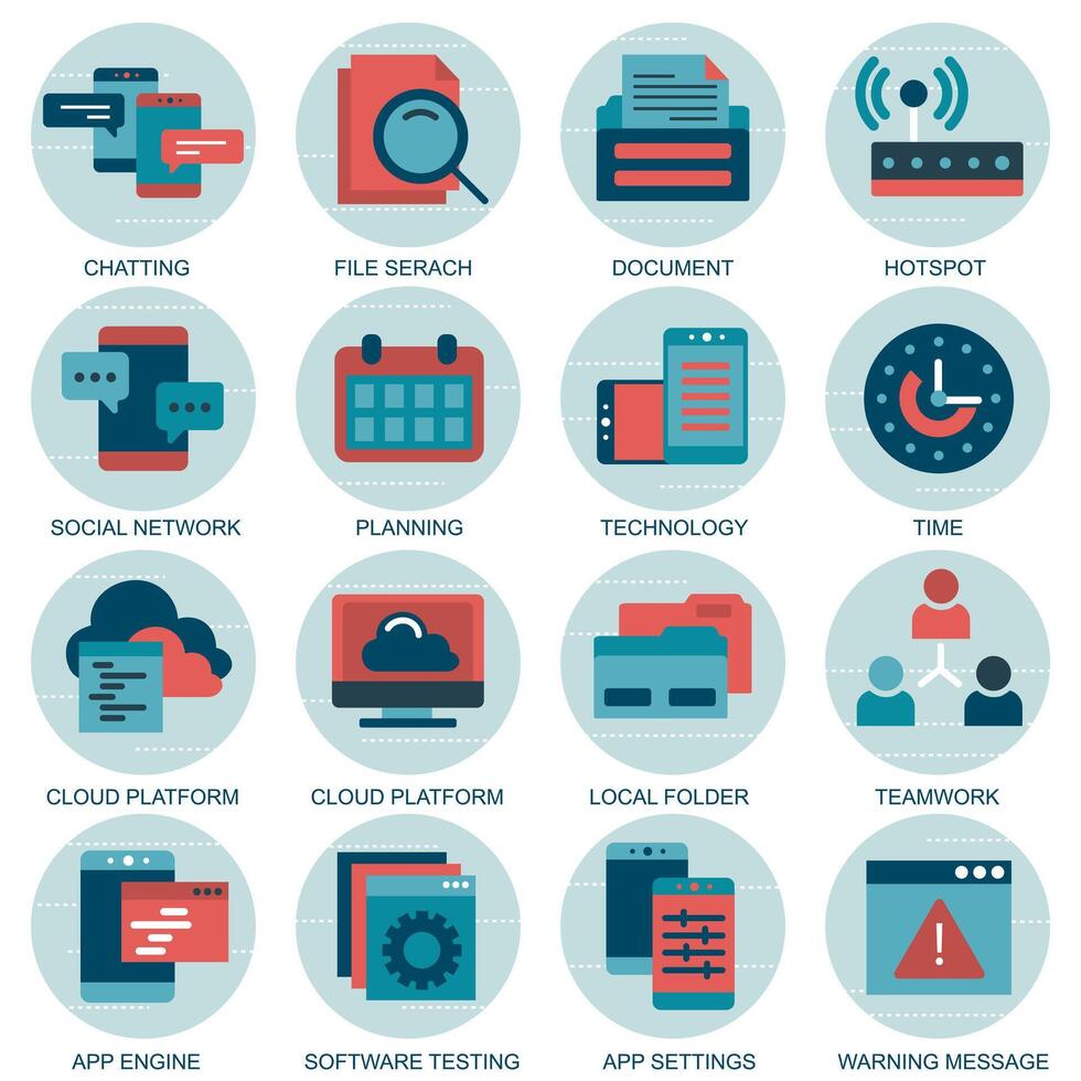 Set icons with elements for mobile concepts and web apps. Business and marketing, programming, data management, internet connection, social network, computing, information. vector
