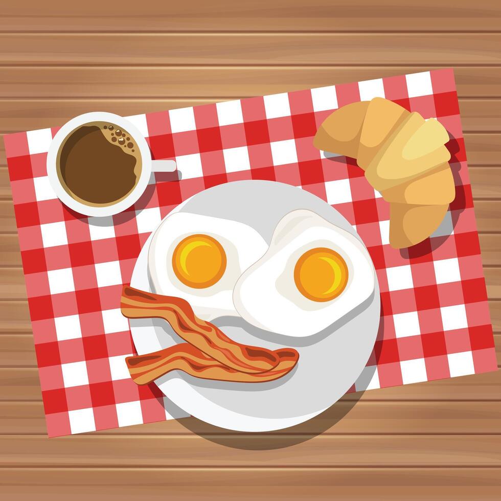 Breakfast of fried eggs and bacon with coffee and butter roll. illustration. Eating on a plate is a top view. Served breakfast. vector