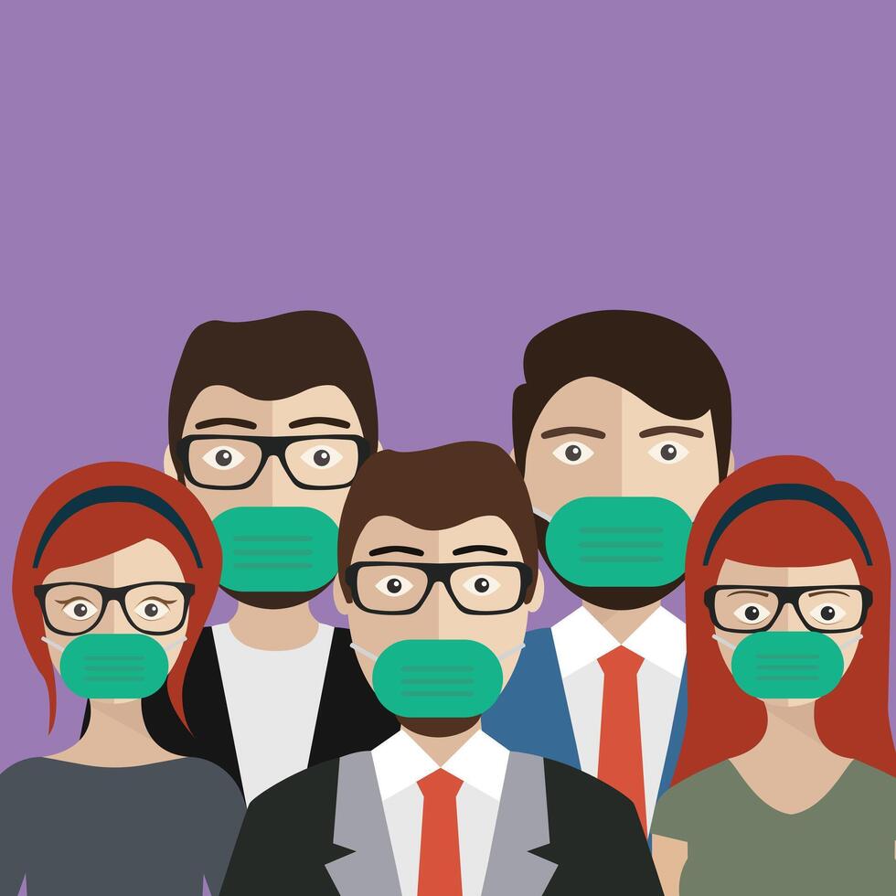 grupo de personas vistiendo médico mascaras a evitar enfermedad, gripe, aire contaminación, contaminado aire, mundo contaminación. plano ilustración vector