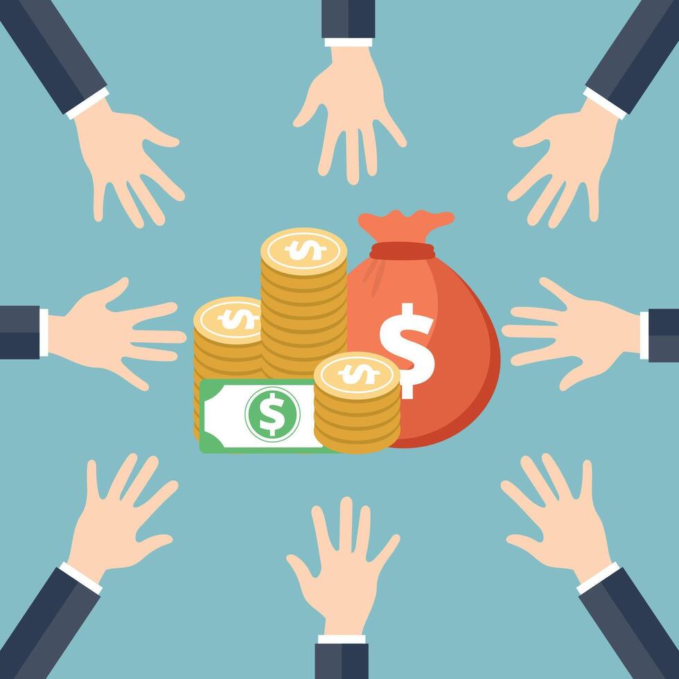 Investment Concept. Hands reaching for money. Money Share Illustration. Flat vector