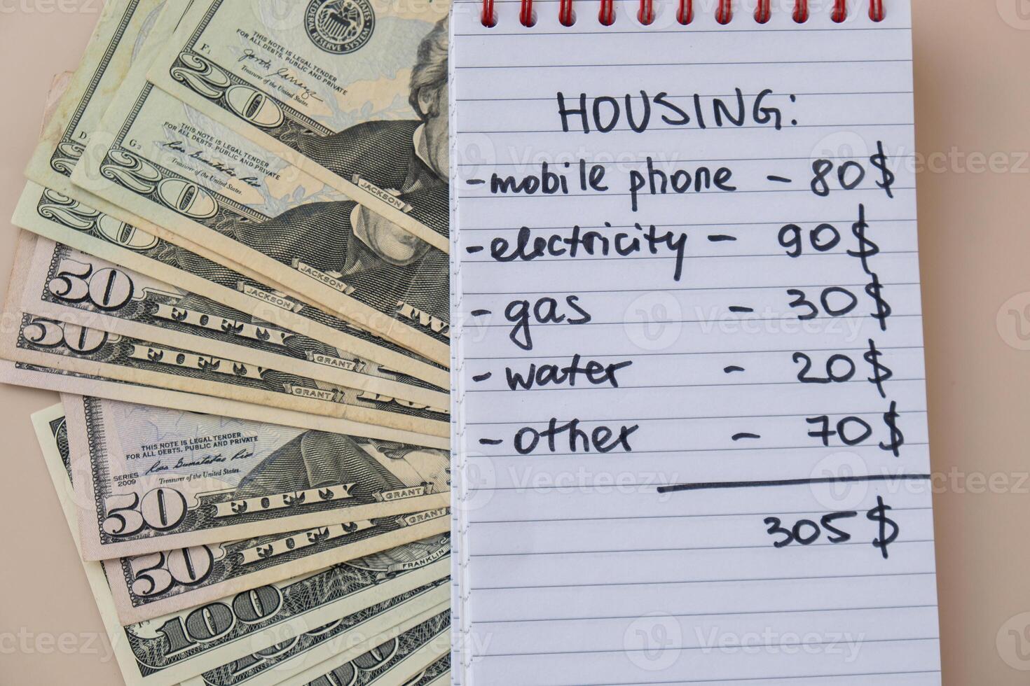 Dollar cash money with notebook handwritten housing expenses. Counting bills for electricity, gas, water. Concept of Efficient Consumption and Economy. Spending habits photo