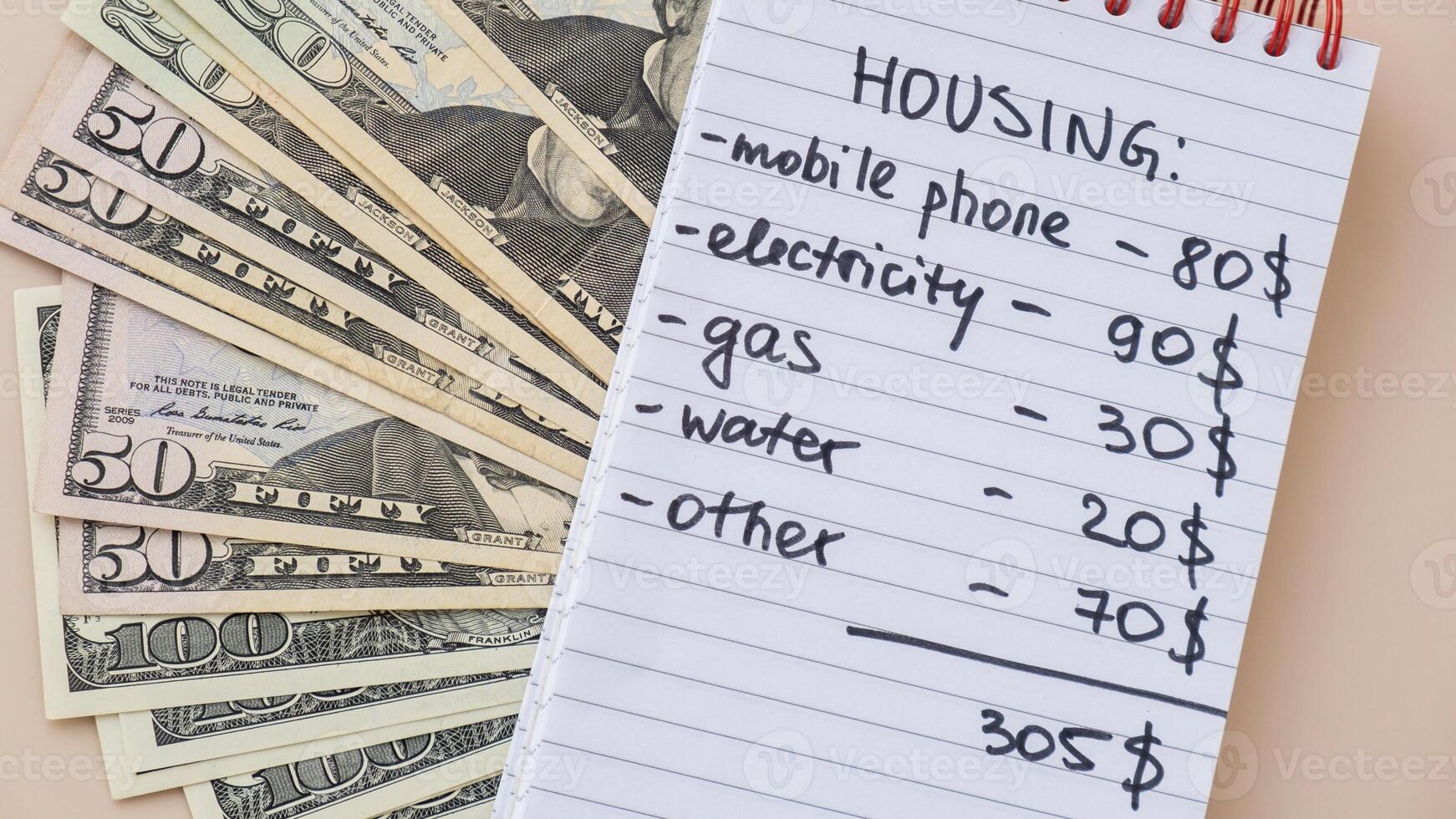 Dollar cash money with notebook handwritten housing expenses. Counting bills for electricity, gas, water. Concept of Efficient Consumption and Economy. Spending habits photo