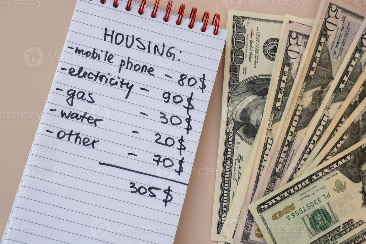 Dollar cash money with notebook handwritten housing expenses. Counting bills for electricity, gas, water. Concept of Efficient Consumption and Economy. Spending habits photo