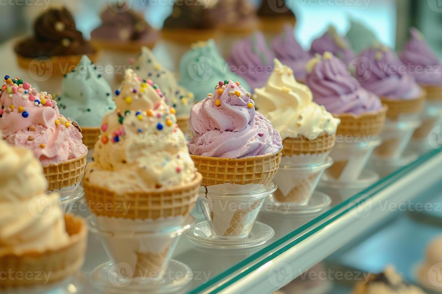 Artisan ice cream cones with toppings, variety of flavors, close up photo