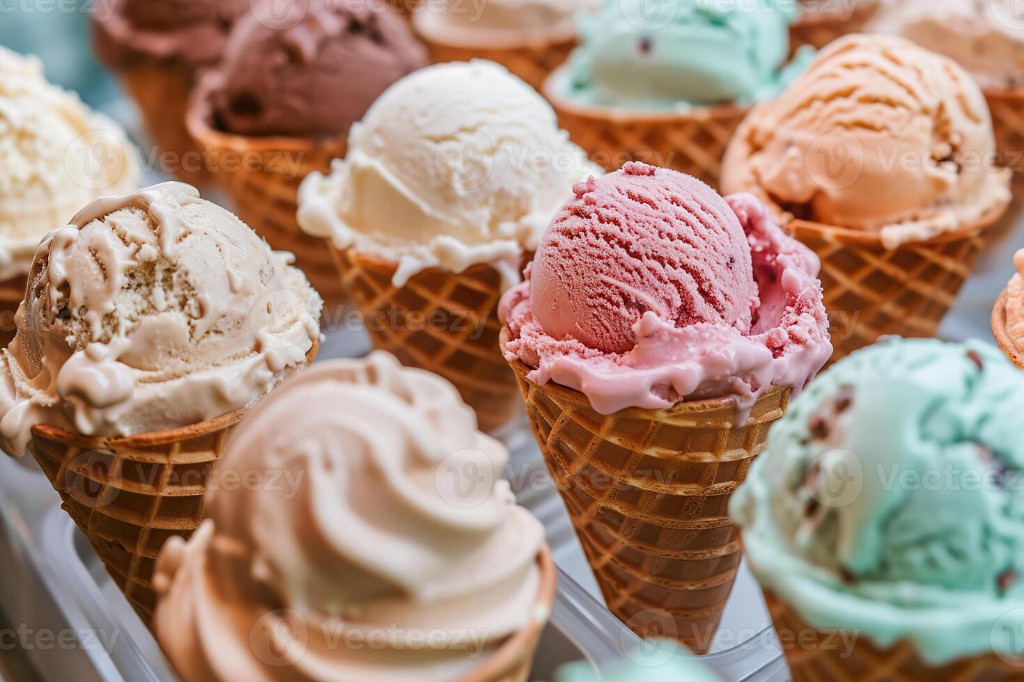 Artisan ice cream cones with toppings, variety of flavors, close up photo