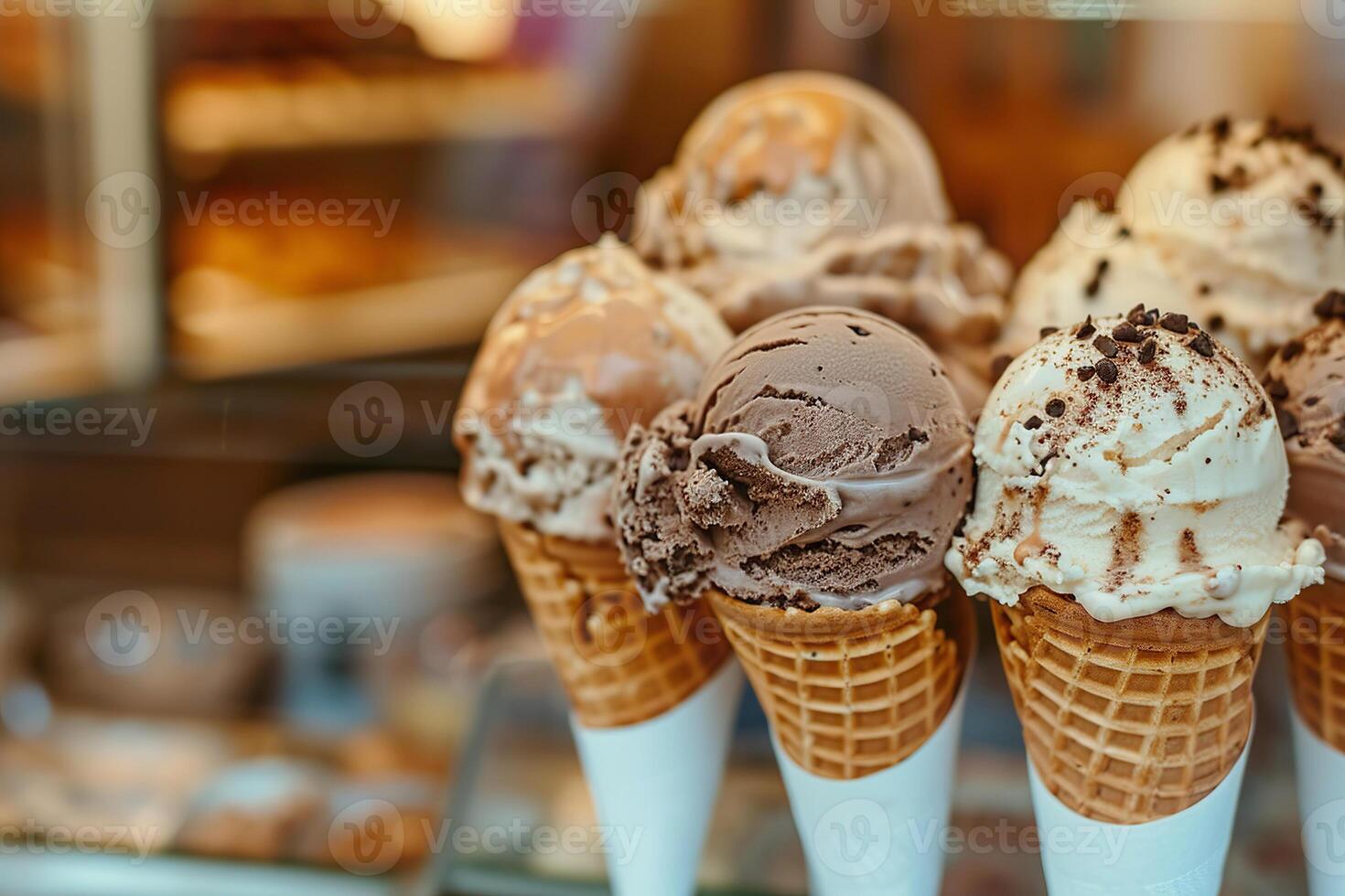 Artisan ice cream cones with toppings, variety of flavors, close up photo