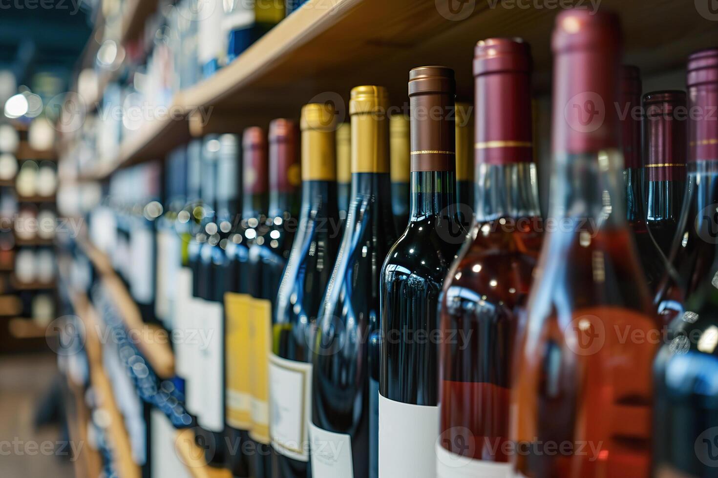 Rows of diverse wine bottles in a specialty wine shop photo