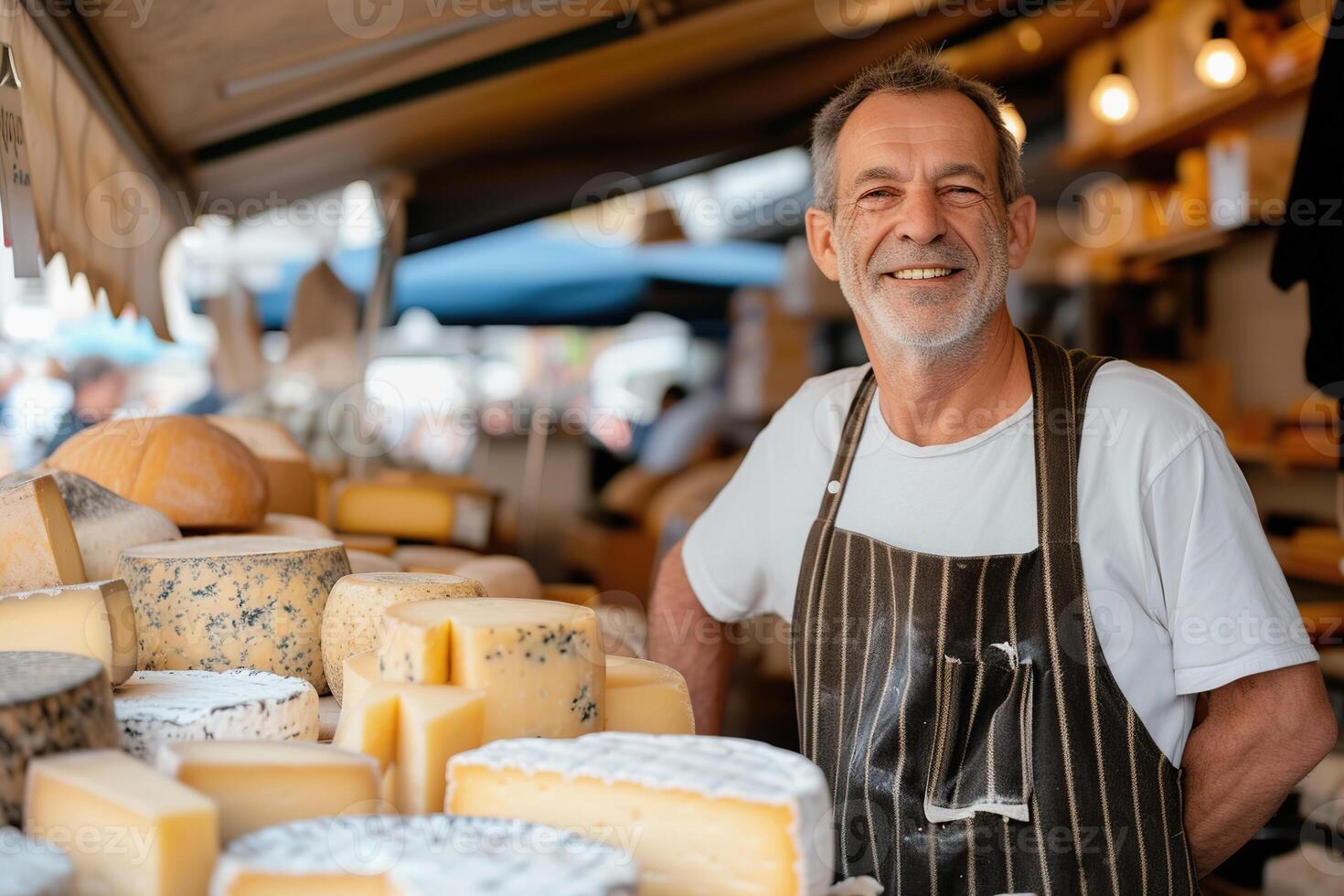 Female vendor selling cheeses at sunny outdoor market, artisanal cheeses at local market photo