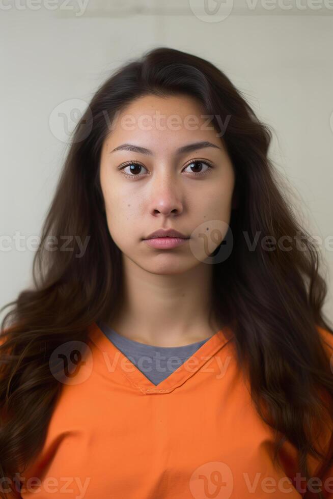 Prison mugshot of young Native American female prisoner in orange jumpsuit photo
