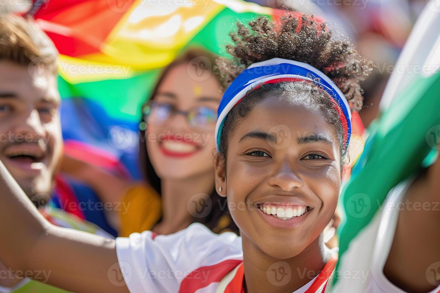 Cheerful young fans with a colorful flag enjoying a sporting competition photo