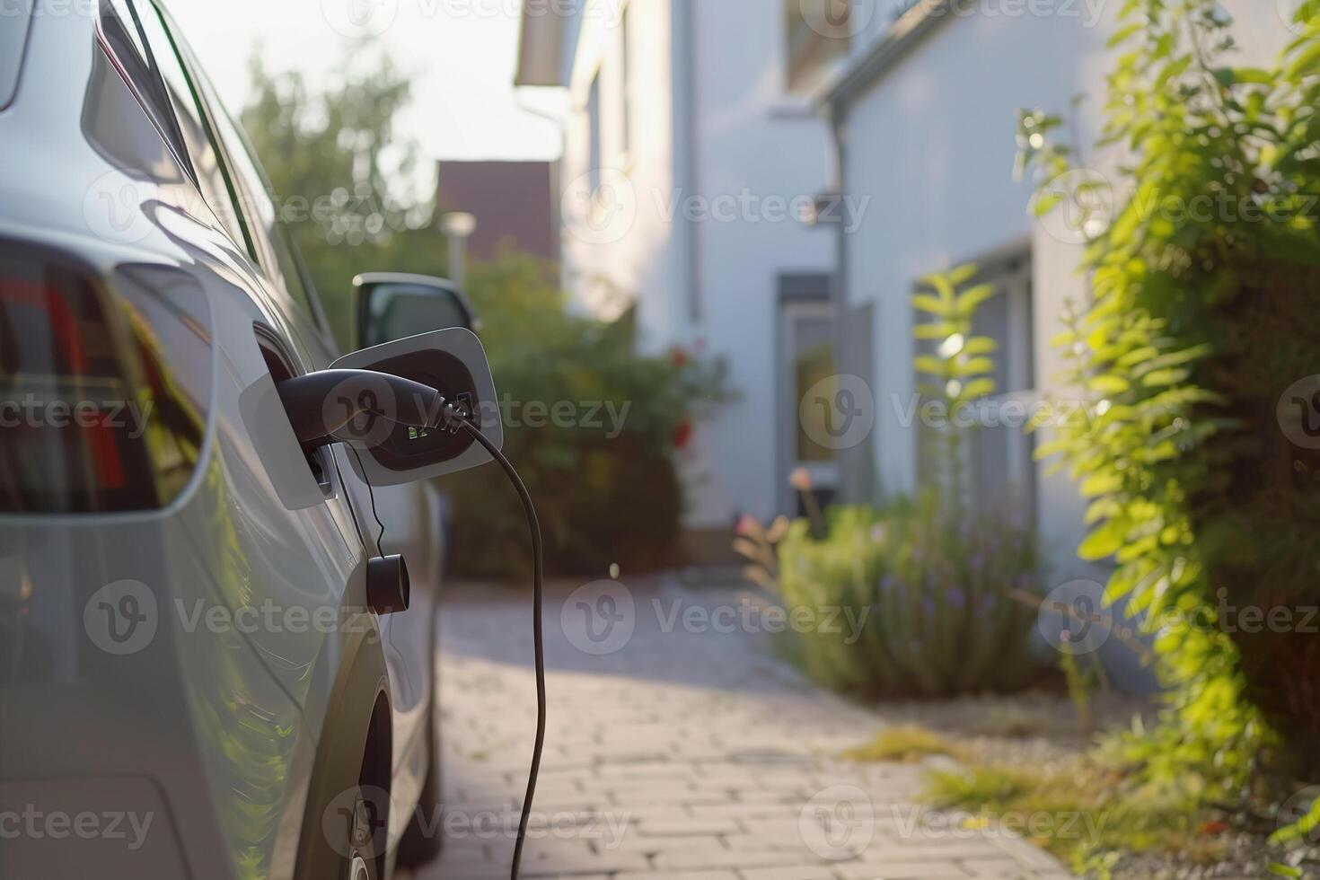 An electric car plugged in and charging at a residential driveway. EV charging photo