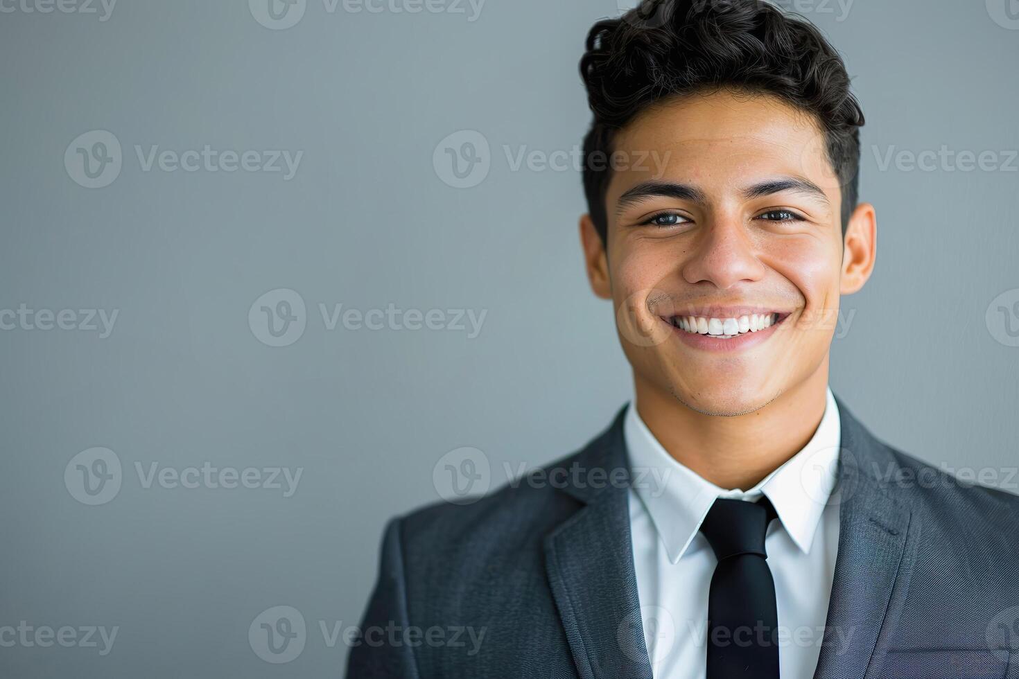 Confident Hispanic Businessman Smiling Against Gray Backdrop, copy space photo