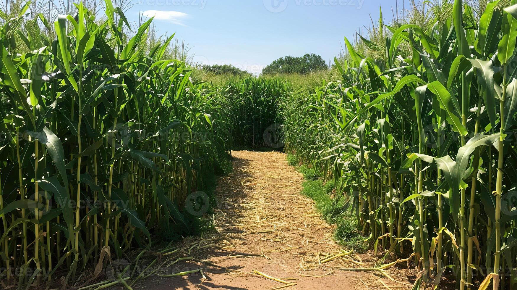 Rural field of corn. Dirt path running between tall rows of corn stalks photo